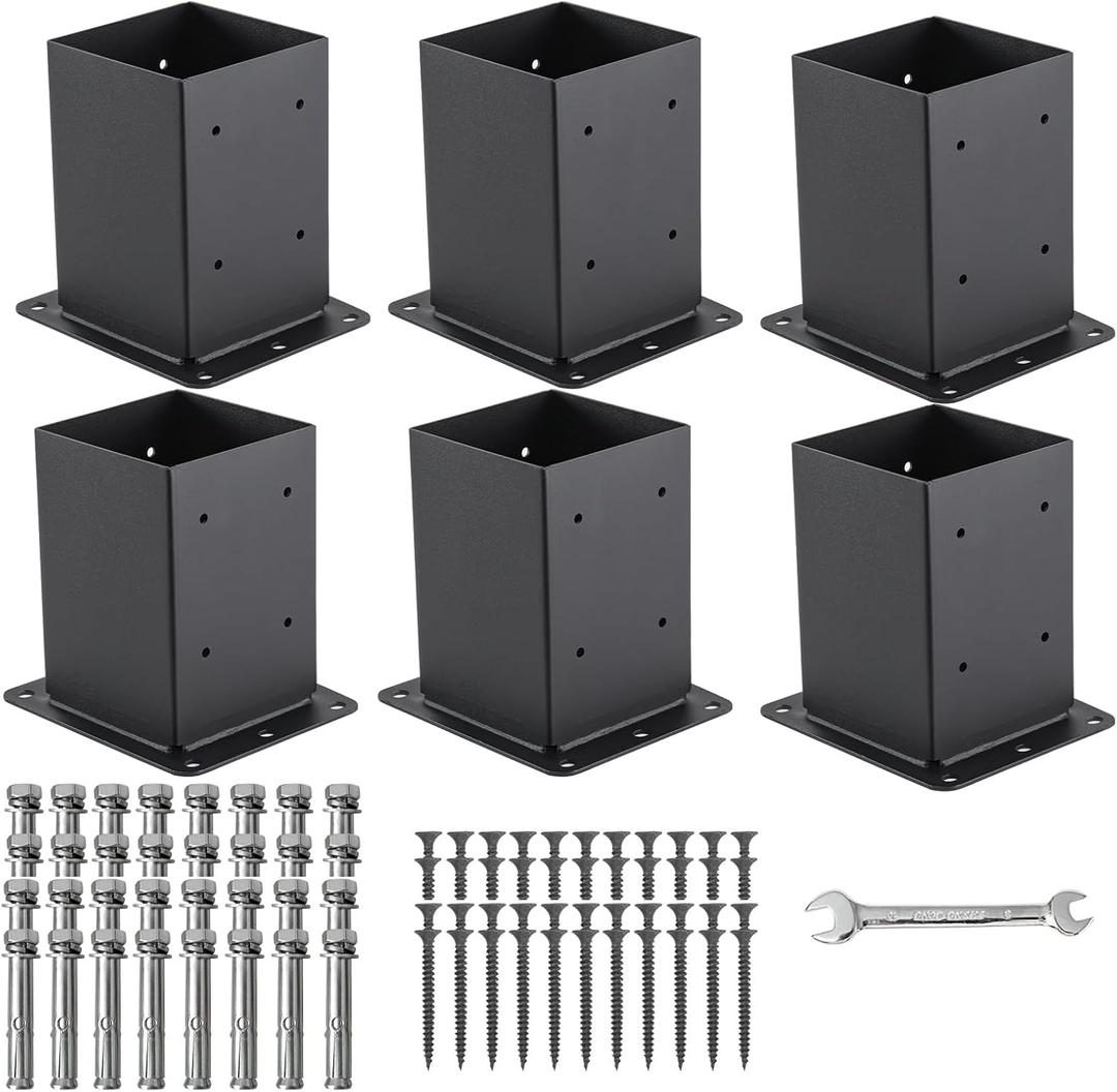 4x4 Post Base, 6 Sets Post Anchor, (Inner Size 3.6"x3.6") Black Metal Powder-Coated Deck Post Base Support for Outdoor Fence,Mailbox,Pergola Brackets Fence Kit