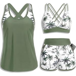Daci Women 3 Piece Tankini Swimsuits - Tummy Control Tank Top with Bra Modest Bathing Suit with Pockets Boyshorts Bottom 2026 (Green, M)