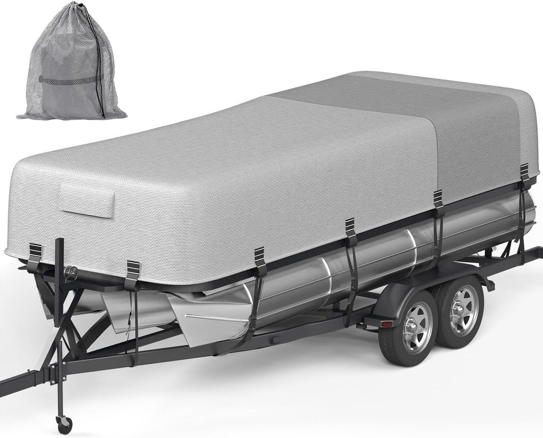 5-Ply 1600D+1200D Pontoon Boat Cover - Fully Waterproof & Ultra-Durable Tear-Resistant, with Large Storage Bag & Reinforced Windproof Straps (Fits 17'-20' Length, Up to 102" Beam Width)