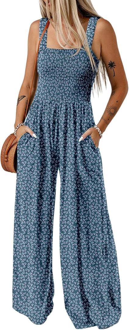 Dokotoo Women's Casual Loose Overalls Jumpsuits One Piece Sleeveless Printed Wide Leg Long Pant Rompers With Pockets (Large, Blue)