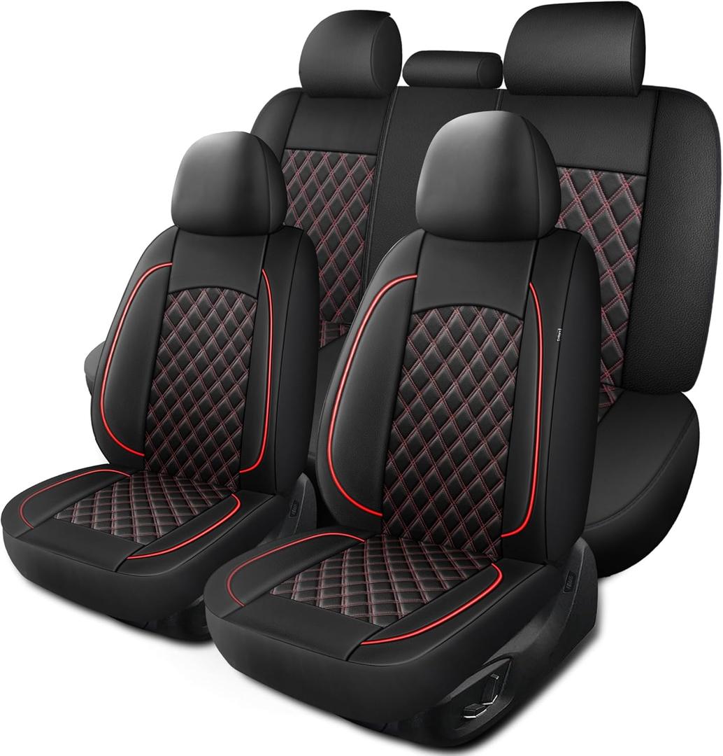 HChengkikz Car Seat Covers Full Set, Breathable and Waterproof Napa Leather Car Seat Cover, Interior Universal Fit for Cars, Sedans, SUVs, Vans, Trucks (Full Seat, Black + Red)