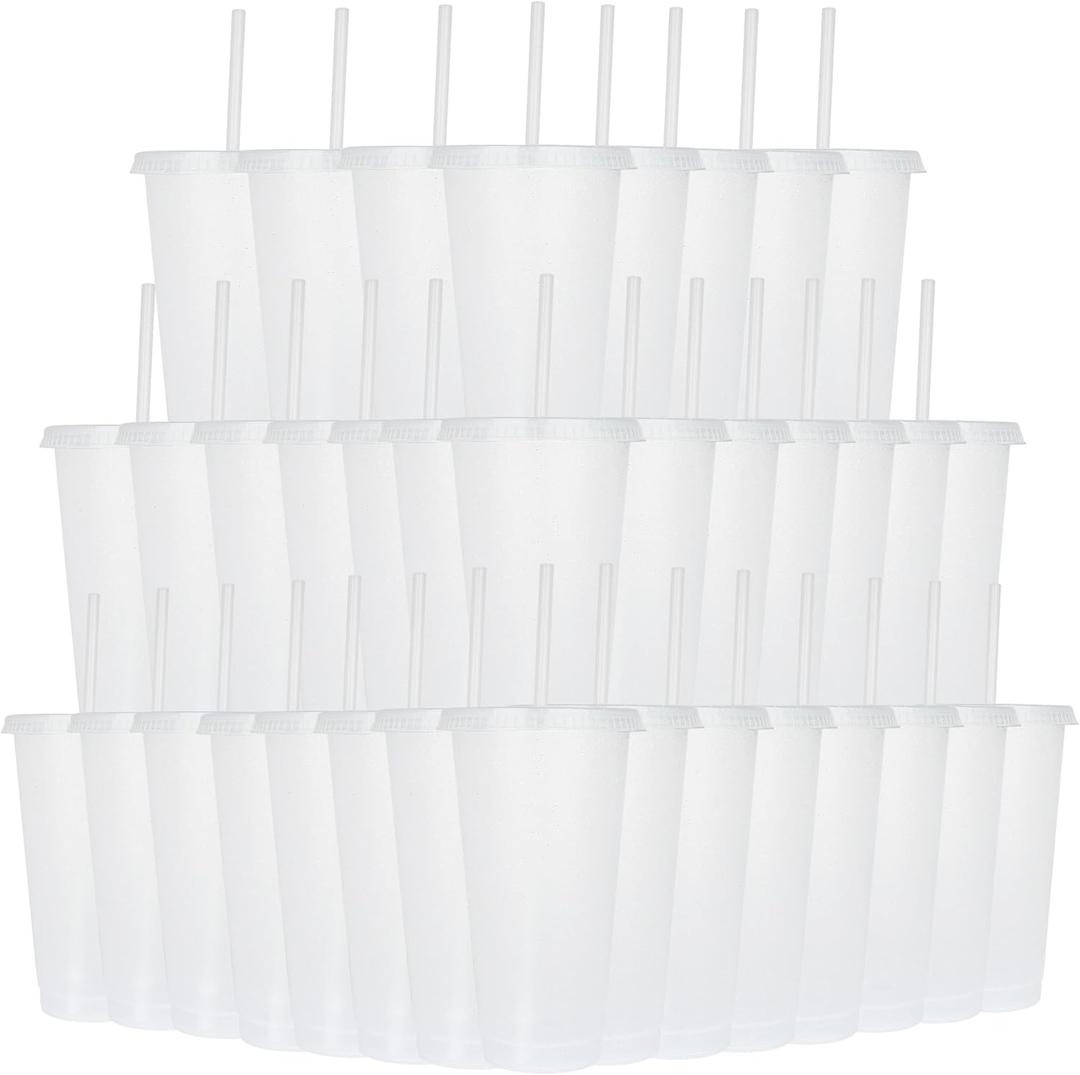 Suertestarry 36 Pack Plastic Reusable Cups 24oz Bulk Tumblers with Lids and Straws for Adults Kid Women Party, Smoothie Cups for Iced Coffee Travel Cup(White)
