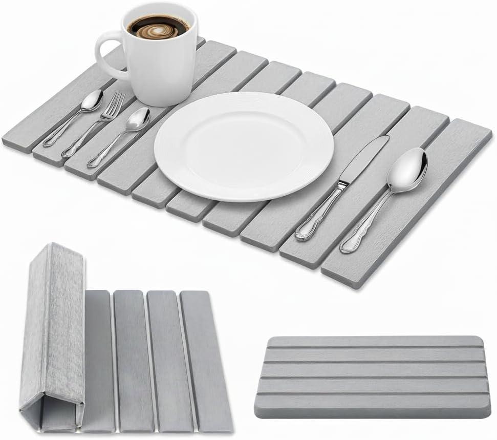 2 PCS Large Stone Dish Drying Mat for Kitchen Counter with Water Absorbing Sink Tray,24x16 Inch Foldable Diatomaceous Earth Dish Mat & 8x4 Inch Stone Coasters Tray,Super Absorbent Quick Dry