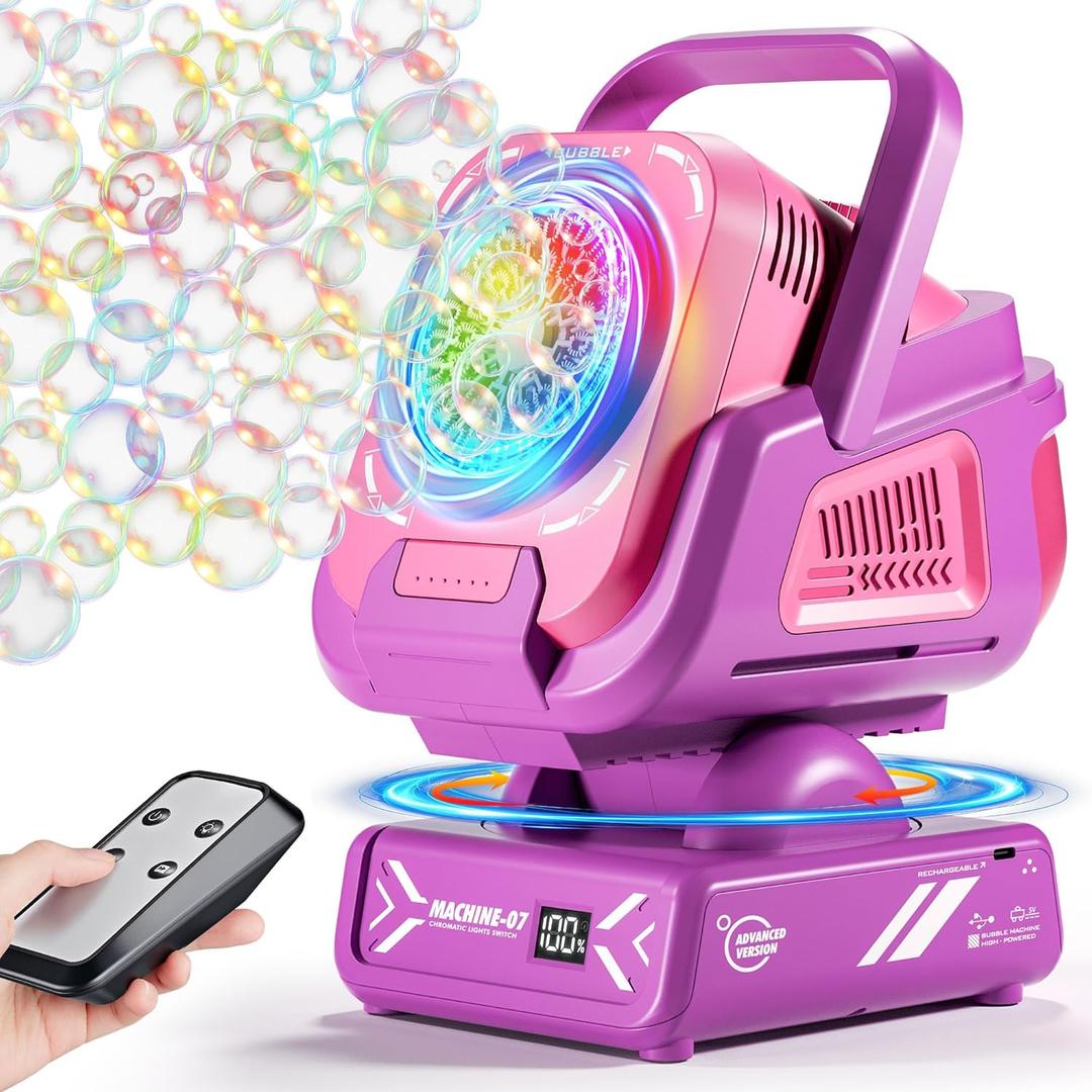 Upgraded Bubble Machine with Remote Control, Automatic Rotation & RGB Lights, 1800mAh Rechargeable Battery, Type-C Charge, Bubble Maker for Kids, Weddings, Birthday Parties, Outdoor Activities (Pink)