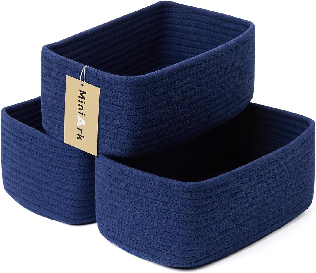 MiniArk Small Storage Baskets for Organizing | Closet Organizer Bins | Shelf Toy Basket | Woven Rope Baskets | Cube Decorative Box | Shallow Basket | 11.5x7.5x4.7 | 3 Packs Navy Blue