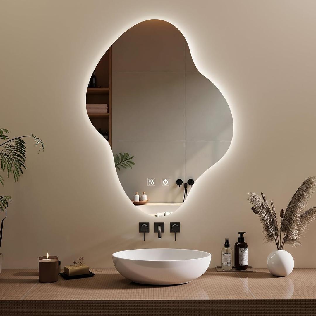 Yeeke Irregular Bathroom Wall Mirror, Asymmetrical LED Bathroom Mirror with Lights, Anti-Fog Backlit Mirror with 3 Color Dimmable Lighting, Light Up Bathroom Vanity Mirror, Vertical 36" H x 27" W