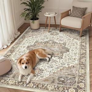 Area Rug for Living Room 3x5, Machine Washable Vintage Oriental Soft Carpet, Low Pile Thin Floor Area Rugs with Non Slip Backing for Office Door Mat Kitchen Bathroom Indoor Dorm Dining Room (35)