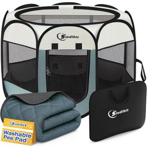 Siedihit Dog Pet Playpen Tent Crate Cage with Washable Pee Pad, Medium Grey