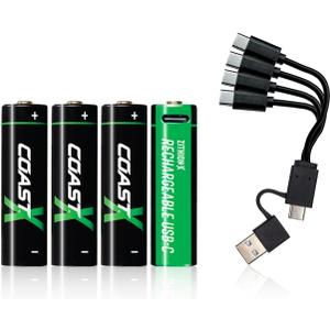 Coast AA USB-C Rechargeable Batteries, ZITHION-X, Lithium Ion 1.5v 2400 mAh, Long Lasting, Charges Under 2.5 Hours, Charging Cable Included, 4-Battery Pack