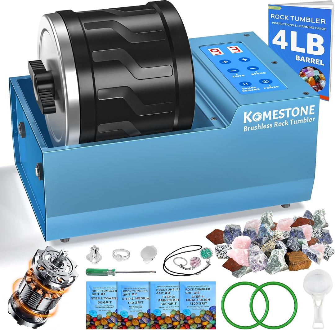 Professional Rock Tumbler Kit 4LB Large Capacity Barrel with Brushless Motor & Heavy Metal Base, Adjustable Speed & 9-Day Timer, Includes All Accessories, Rock Polisher for Adults & Collectors