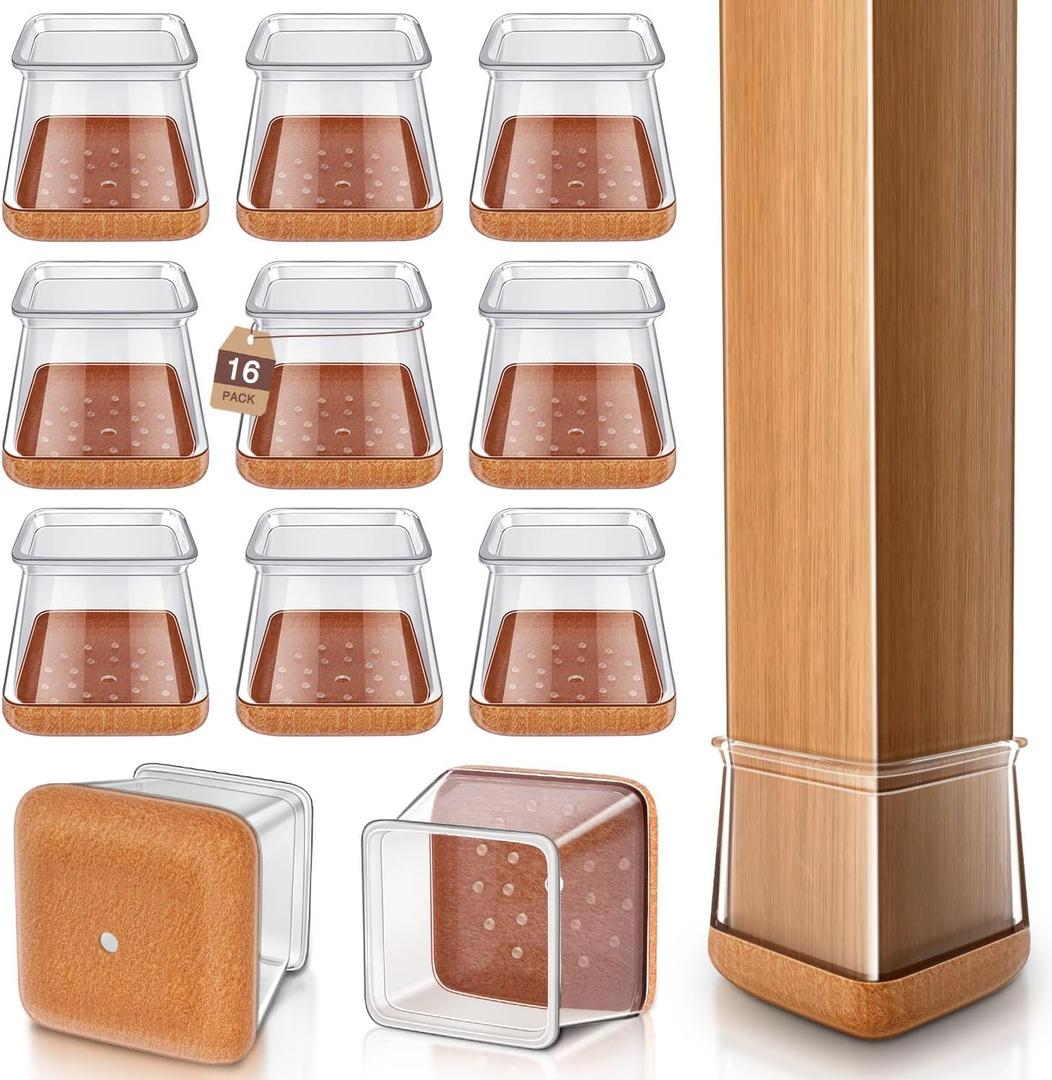 Chair Leg Floor Protectors Chair Leg Protectors for Hardwood Floors Silicone Caps Felt Strengthen Bottom Protection Anti-Scratch Reduce Noise 16 Pack Clear Square L Fit:1-1/8" to 1-9/16" (27-40mm)