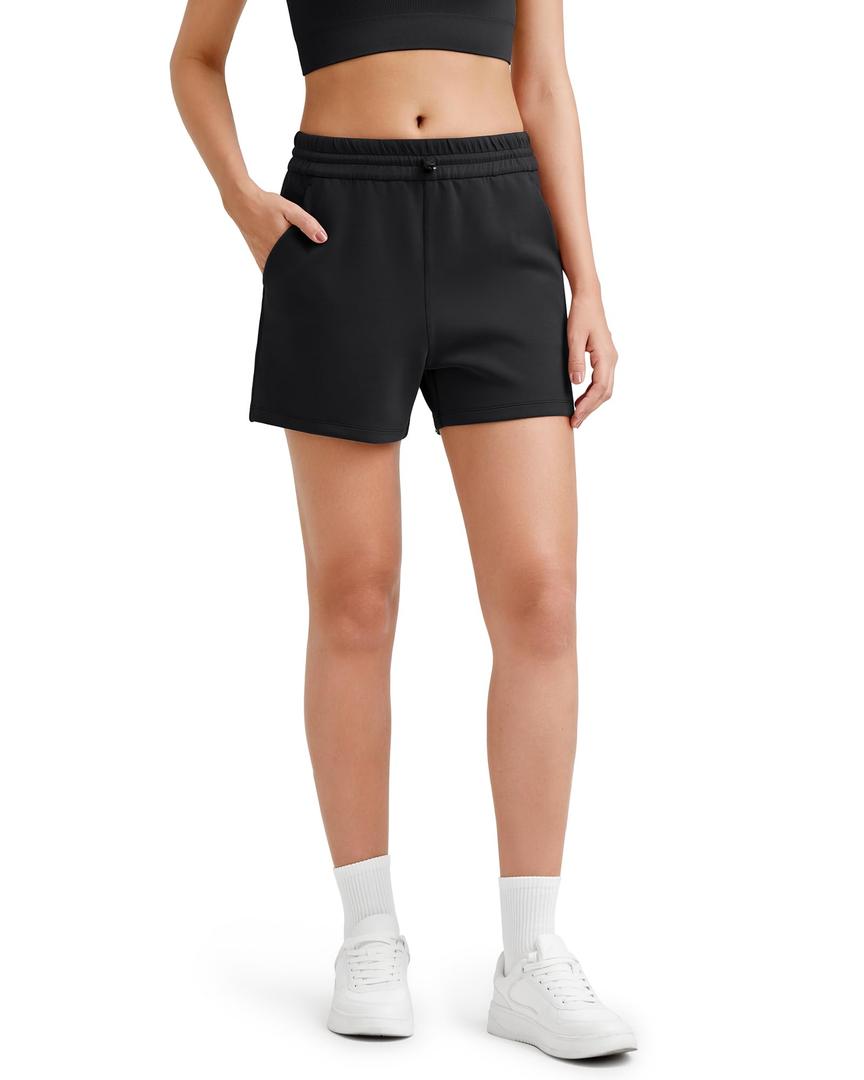 G4Free Athletic Shorts for Women Summer Casual Shorts with Pockets Comfy Soft Sweat Shorts High Waisted Shockcord Yoga Shorts Stretch(Black, XL)