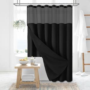 Dynamene 78 Inch Long Shower Curtain, Tall Waffle Fabric Shower Curtains for Bathroom, Hotel Waterproof Cloth Shower Curtain Liner Set with Hooks, Snap in Liner, Mesh Top Window, Black, 72x78