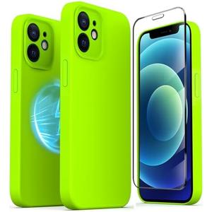 TZGZT Camera Protection for iPhone 12 Phone Case, [fits MagSafe Accessories] Magnetic Protective Cover with 2X Screen Protector, Women Case for iPhone 12, Silicone Green#2 2 Pack