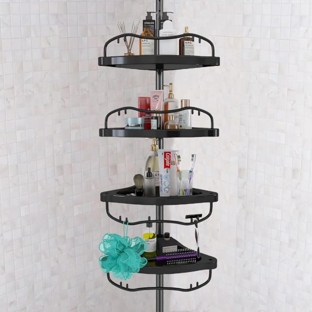 Shower Caddy,Shower Caddy Tension Pole with 4 ABS Baskets,Shower Storage Shelf with 56 to 125 Inch Adjustable Stainless Pole for Bathroom Black
