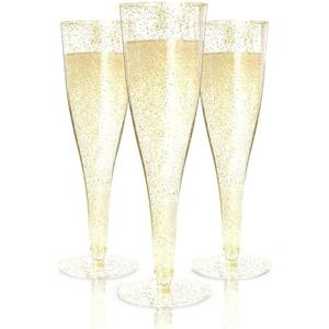 Prestee 200 Disposable Champagne Flutes Gold Glitter Glasses - 4.5 Oz Plastic Champagne Cups for Parties, Wedding Toasts, Mimosa Bar, and New Year’s Eve - Elegant Bulk Gold Plastic Wine Flutes