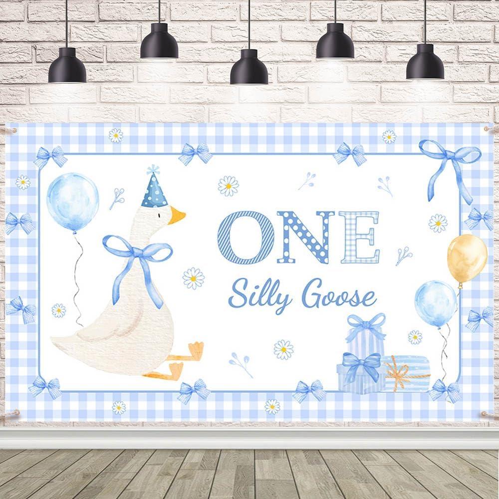 AIBIIN One Silly Goose Backdrop Goose 1st Birthday Banner Our Little Goose is Turning One Goose Theme Blue Plaid Bow Tie Banner Cute Cartoon Birthday Party Decorations 70.8x43.3inch (5.9x3.6ft)