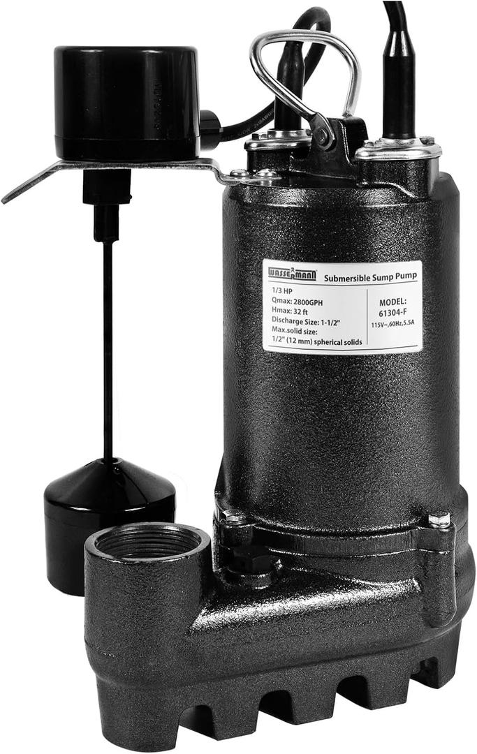 WASSERMANN 1/3HP 2800GPH Cast Iron Submersible Sump Pump with Automatic Vertical Float Switch,1-1/2"NPT Discharge Heavy Duty Sump Pump with 10FT Cord for Basement, Sump Basin, Flooded Area
