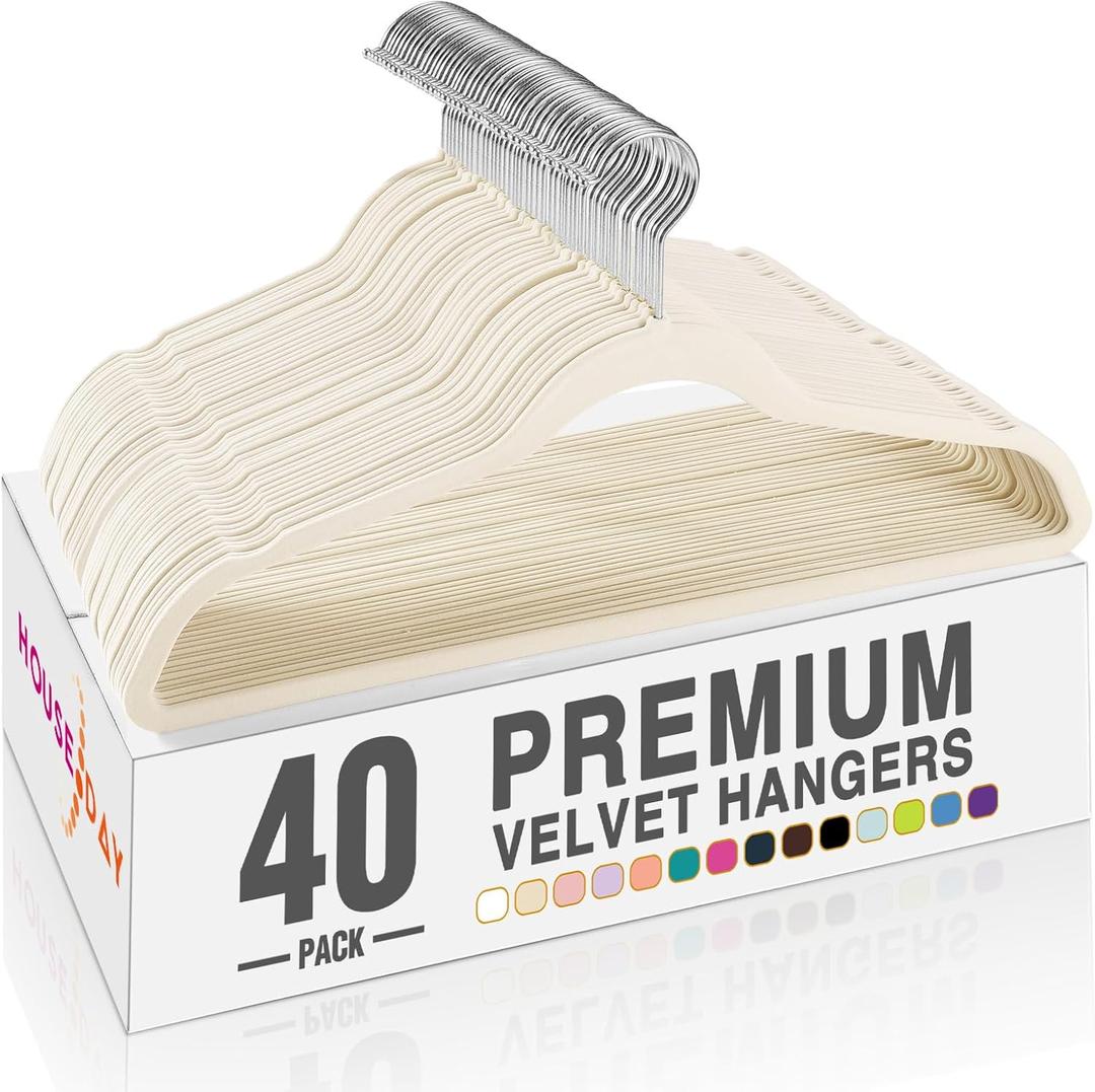 HOUSE DAY Ivory Velvet Hangers 40 Pack, Non Slip Clothes Felt Hanger Heavy Duty for Coat, Premium Slim Space Saving Suit Hangers for Closet Organizer, 360 Rotating Silver Hook