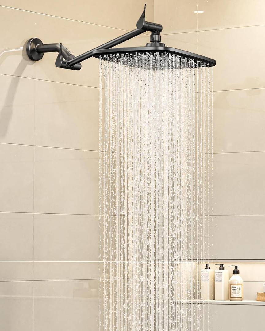 Veken 11.8" Black Rain Shower Head, Rectangular Rainfall Showerheads with 11" Stainless Steel Exension Arm, Height & Angle Decor Adjustable, High Pressure Shower Heads, Bathroom Accessories