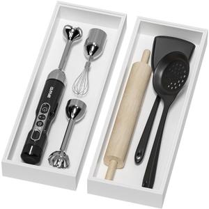 Lixple Bamboo Drawer Organizer, Extra Large Silverware Organizer for Kitchen Drawer, Stackable Utensil Organizer, 2 Pcs Toilet Tank Topper Tray, Wooden Toilet Paper Basket (White, 17 X 6 X 2 Inch)