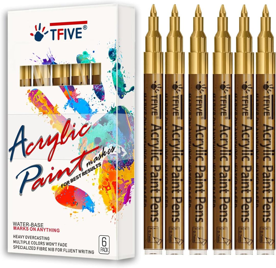 Gold Marker Paint Pens - 6 Pack Acrylic Gold Permanent Marker, 0.7mm Extra Fine Tip Paint Pen for Art projects, Drawing, Rock Painting, Stone, Ceramic, Glass, Wood, Plastic, Metal, Canvas DIY Crafts (Gold)