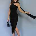 DAAWENXI Women's Sexy Sleeveless Ruched Slit Midi Dress Halter Mesh Bodycon Party Club Dresses