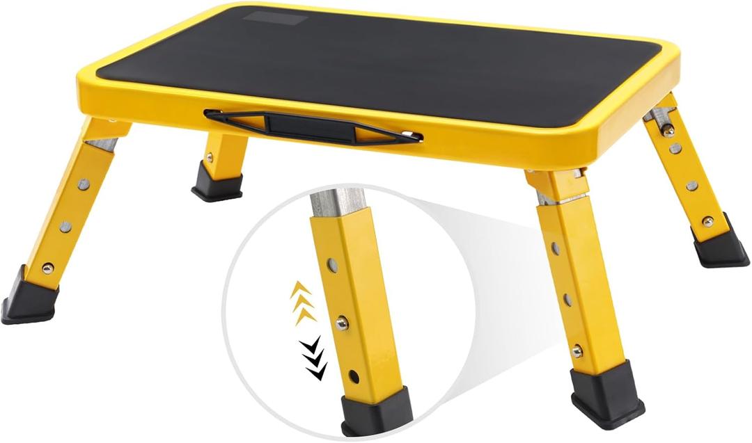 RV Step Stool, Adjustable Height Aluminum RV Step, Load Capacity Up to 1,000 lbs, Step with Non-Slip Platform and Rubber Feet, with Telescopic Carrying Handle for Easy Portability, Yellow