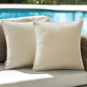 ANRODUO Set of 2 Outdoor Waterproof Pillow Covers 18x18 Inch Beige Decorative Throw Pillow Covers Linen Square Solid Color Couch Pillow Covers for Patio Tent Bed Sofa and Living Room Decor