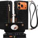 Crossbody Wallet Case for iPhone 17 Pro with Mirror, Wrist Strap, Zipper Purse Magnetic Flip, RFID Blocking Card Holder, Wireless Charging, PU Leather Shockproof 6.3" Women (Black)