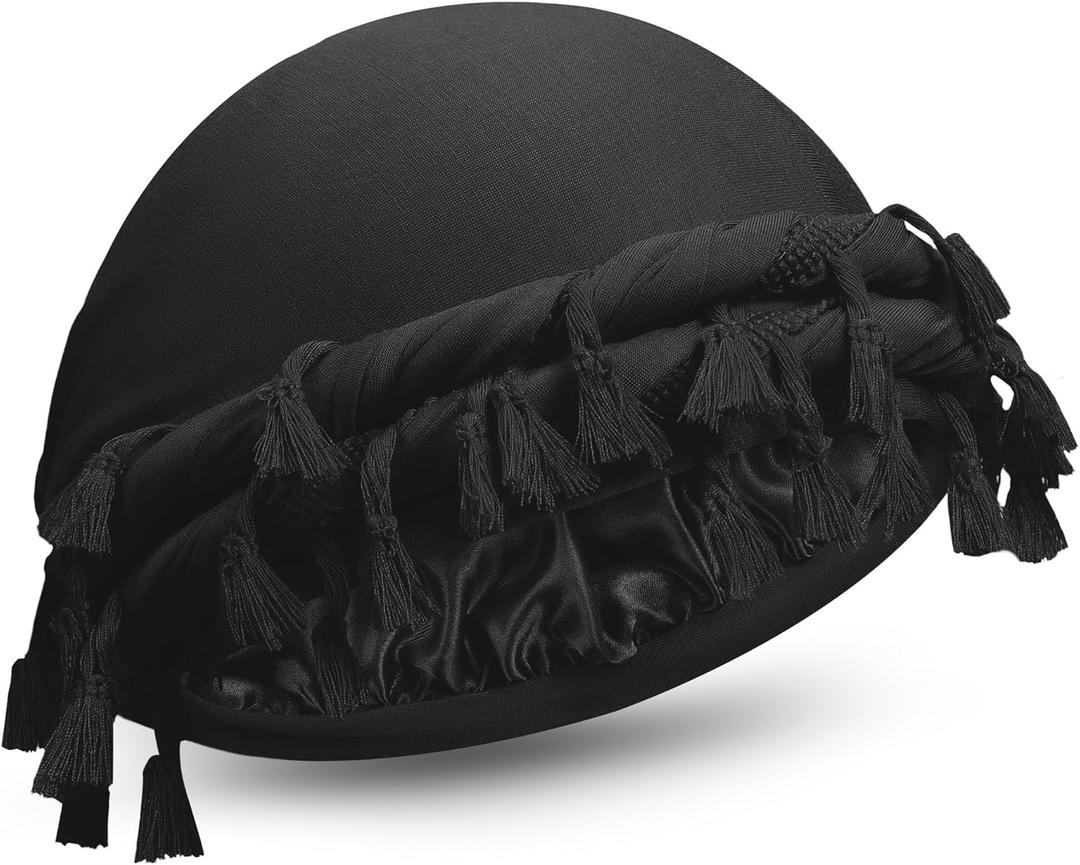 Turban for Men Adjustable Halo Silk Satin Lined Cap for Women Durag Twist Head Wraps Hat Elastic Pre Tie Beniee (Medium, Black-1)