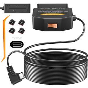 OBD2 OBD Power Cable for Dash Camera, OBD to Type-C USB OBDII Adapter Hardwire Charger Cable 24 Hours Surveillance and Acc Two Mode with Switch Button and Low Voltage Protection, 12-36V to 5V/3A