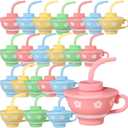 Zhehao 24 Pieces Plastic Kids Tea Cups with Lids and Straws for Tea Party, 9 oz Reusable Creative Party Cups Bulk for Birthday Baby Shower Princess Supplies