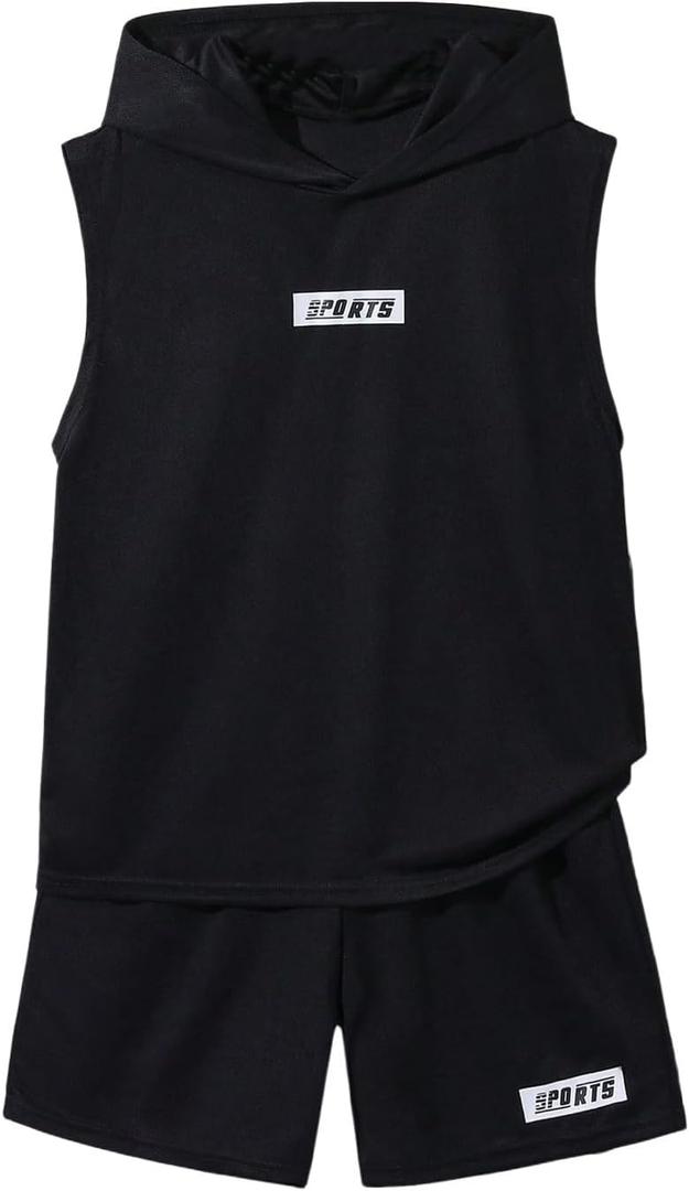 Boy's 2 Piece Workout Outfits Graphic Sleeveless Tank Top Hoodie and Track Shorts Sports Set (Black), Size: 15Y