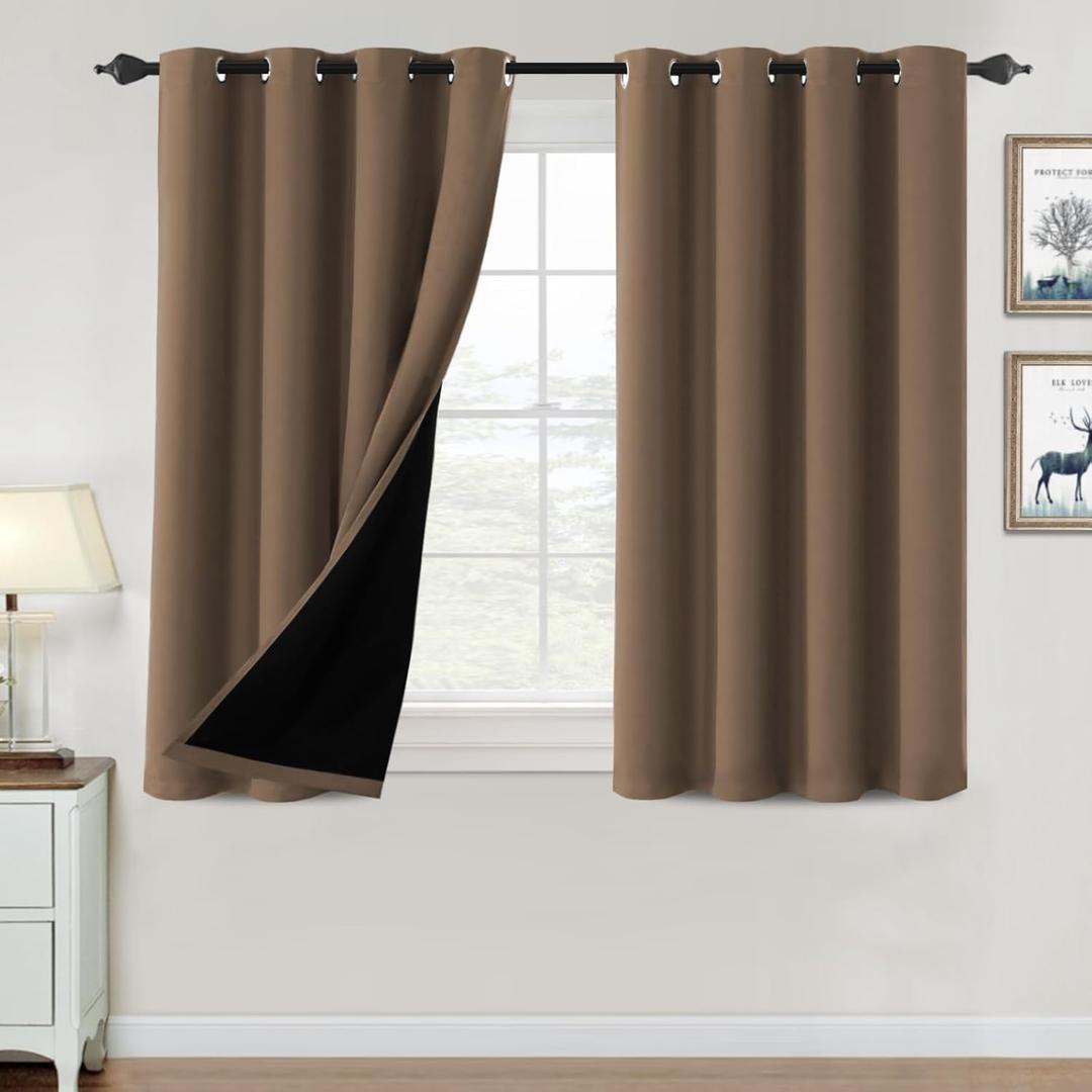H.VERSAILTEX 100% Blackout Curtains for Bedroom Thermal Insulated Blackout Curtains 45 inch Length Full Light Blocking Window Drapes for Living Room with Black Liner 2 Panels, Macchiato