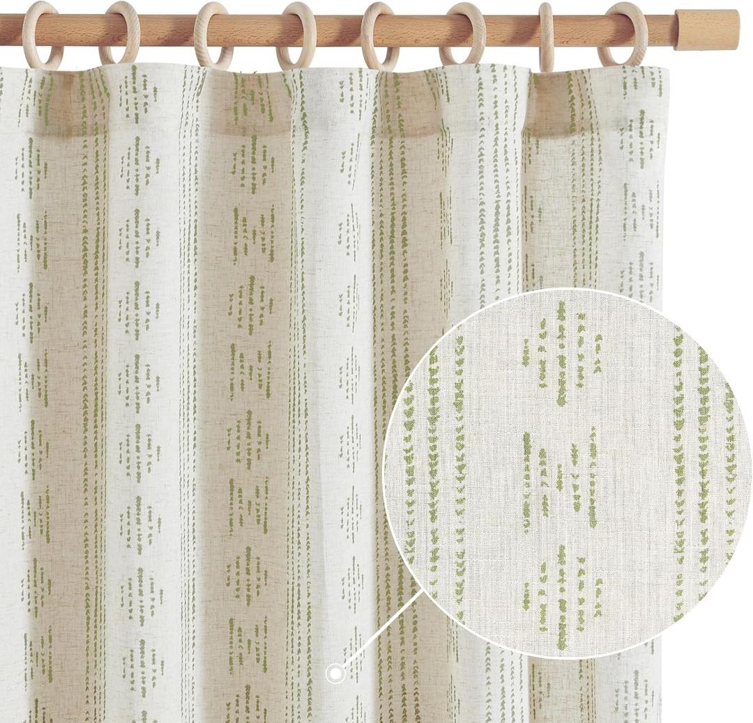 Jinchan Boho Curtains for Living Room Farmhouse Sage Green Curtains 84 Inch Length 2 Panels for Bedroom Geometric Striped Light Filtering Window Drapes Rod Pocket Sage Green on Beige