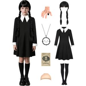 Kids Black Dress Costume for 3-14 Years Girls with Wig Necklace Hairpin for Halloween Costume Dress Up (150 (11-12 Years))