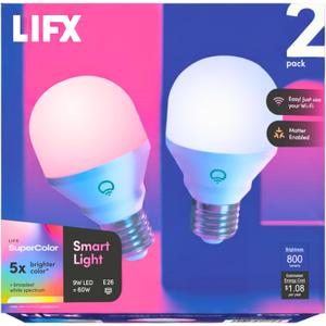 LIFX Color Smart Light Bulbs (2-Pack) A19 E26, Matter Compatible RGB + Tunable White (800 Lumens), WiFi Dimmable Color Changing (2.4GHz), Compatible with Apple HomeKit, Alexa & Google