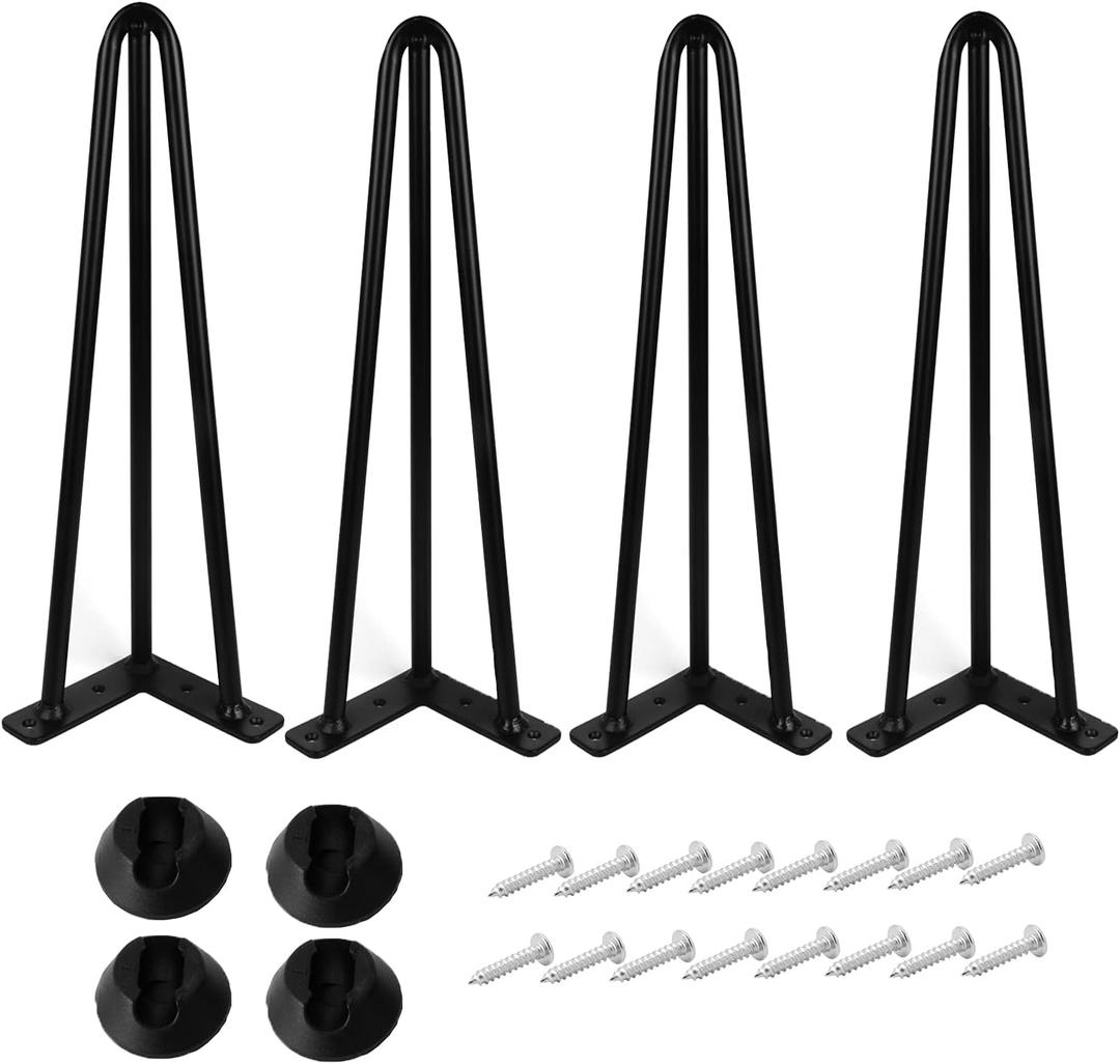 22 Inch Hairpin Table Legs 1/2 Dia 3-Rods Hairpin Furniture Feet 4pcs, Heavy Duty Black Furniture Legs with Floor Protectors for Coffee Table, DIY Desk and Stand