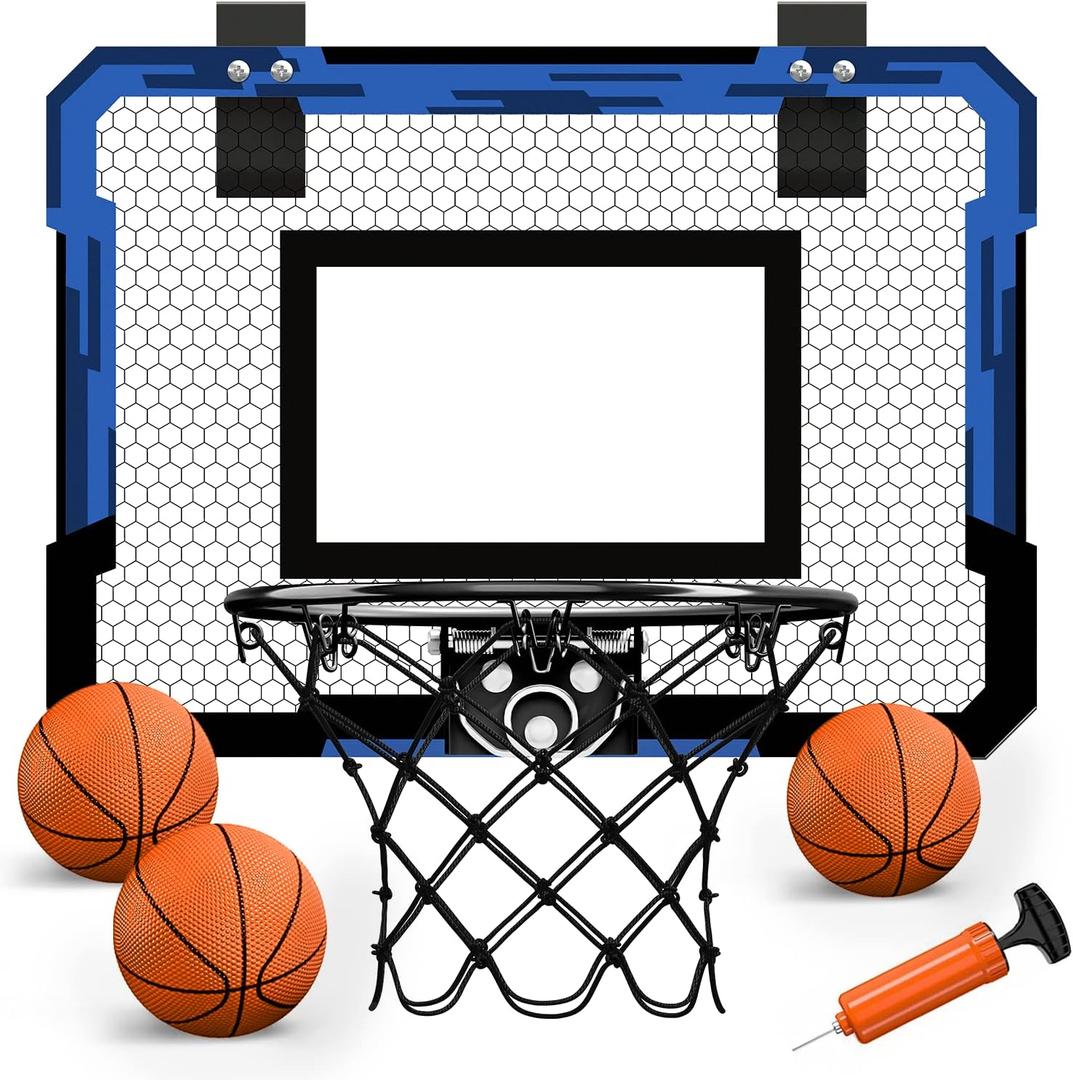 QDRAGON Mini Basketball Hoop, Over The Door Indoor, with 3 Balls/ Inflator/ Breakaway Rim, Basketball Toy Gifts for Kids and Adults, Suit for Bedroom/ Office/ Outdoor, Blue