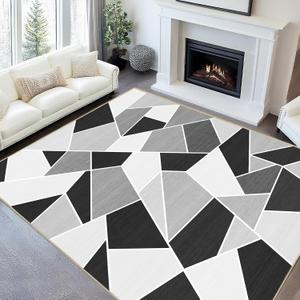 Large Area Rug 5x7 Geometric Rug Living Room Grey and Black Rugs Machine Washable Modern Style Rug Non Slip Printed Low Pile Indoor Floor Carpet for Dining Room Bedroom Office