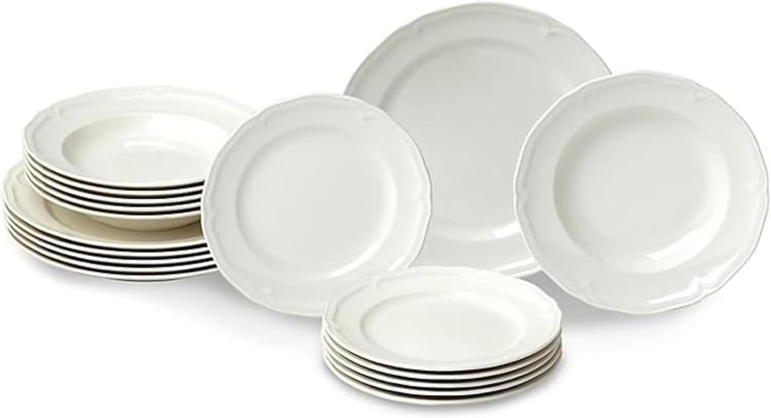 Villeroy & Boch Manoir Collection 18-Piece Dinnerware Set, Plates & Bowls, Premium Porcelain, Made in Germany, Dishwasher & Microwave Safe, Rich, Creamy White