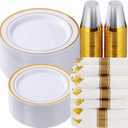 Goodluck 350 Piece Gold Plastic Dinnerware Set for 50 Guests, Fancy Disposable Plates for Party, Include: 50 Dinner Plates, 50 Dessert Plates, 50 Pre Rolled Napkins with Silverware, 50 Cups