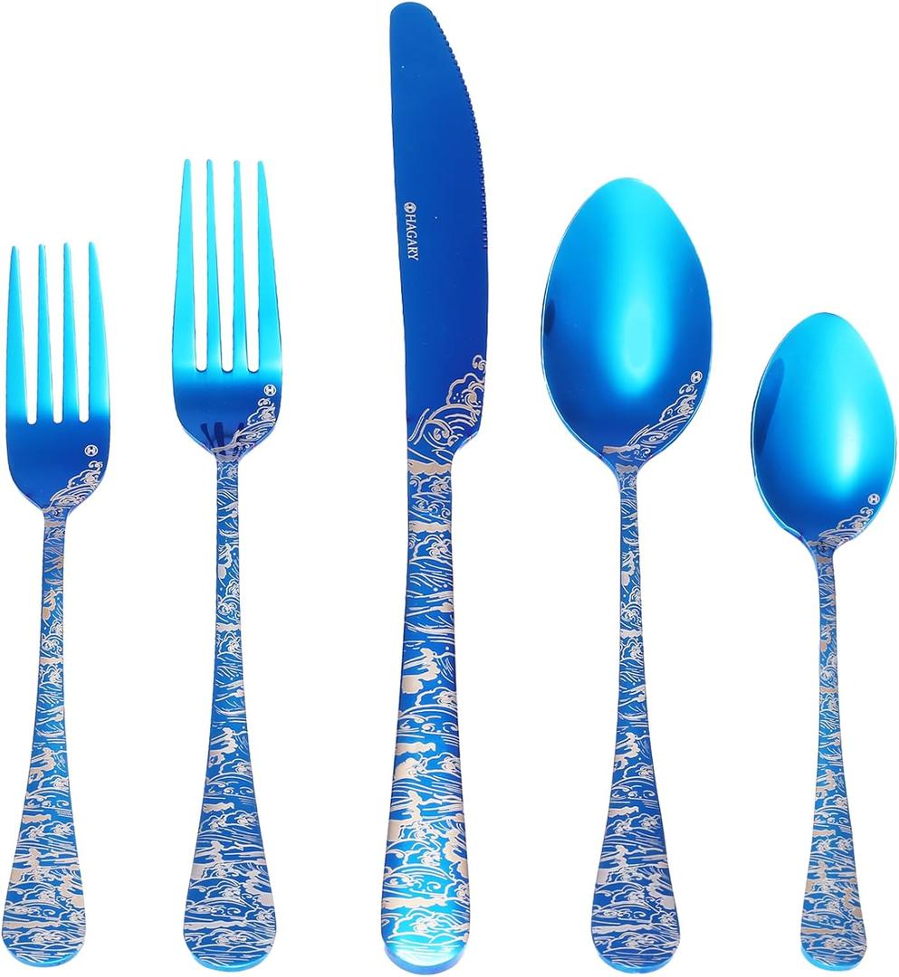 Wave Cutlery Set 20 Pieces Stainless Steel Flatware Set Service for 4 Utensils For Home Kitchen Wedding Laser Engraved Dishwasher Safe (All Blue)