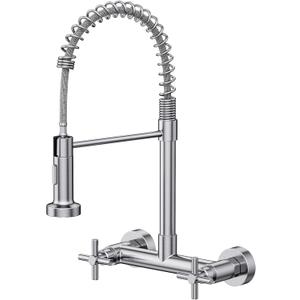 Wall Mount Kitchen Faucet, Hurran Brushed Nickel Kitchen Sink Faucet, 8 Inch 2 Handle Wall Mount Commercial Sink Faucet with Pull Down Sprayer for Kitchen Laundry Room Restaurant
