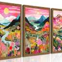 Boho Colorful Mountain Wall Art Set of 3, Abstract Watercolor Landscape Flower Wall Decor Paintings, Modern Nature Sunset Forest Posters Prints for Living Room, Bedroom 16x24 Inch Wood Framed, 24L" x 16W"