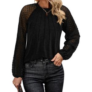 KIRUNDO Womens Tops 2025 Trendy Spring Lace Long Sleeve Dressy Casual Blouses Pleated Business Work Shirts Clothing(Black, Small)