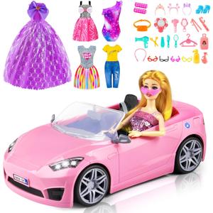 76 Pcs Doll & Convertible Car Playset,Included 11.5 In Doll,Doll Car,Princess Dresses,Fashion Dresses,Casual Clothing,Swimsuits,Bags,Shoes,Doll Playset,Doll Dress up Toys for Girls Kids Toddlers Gifts