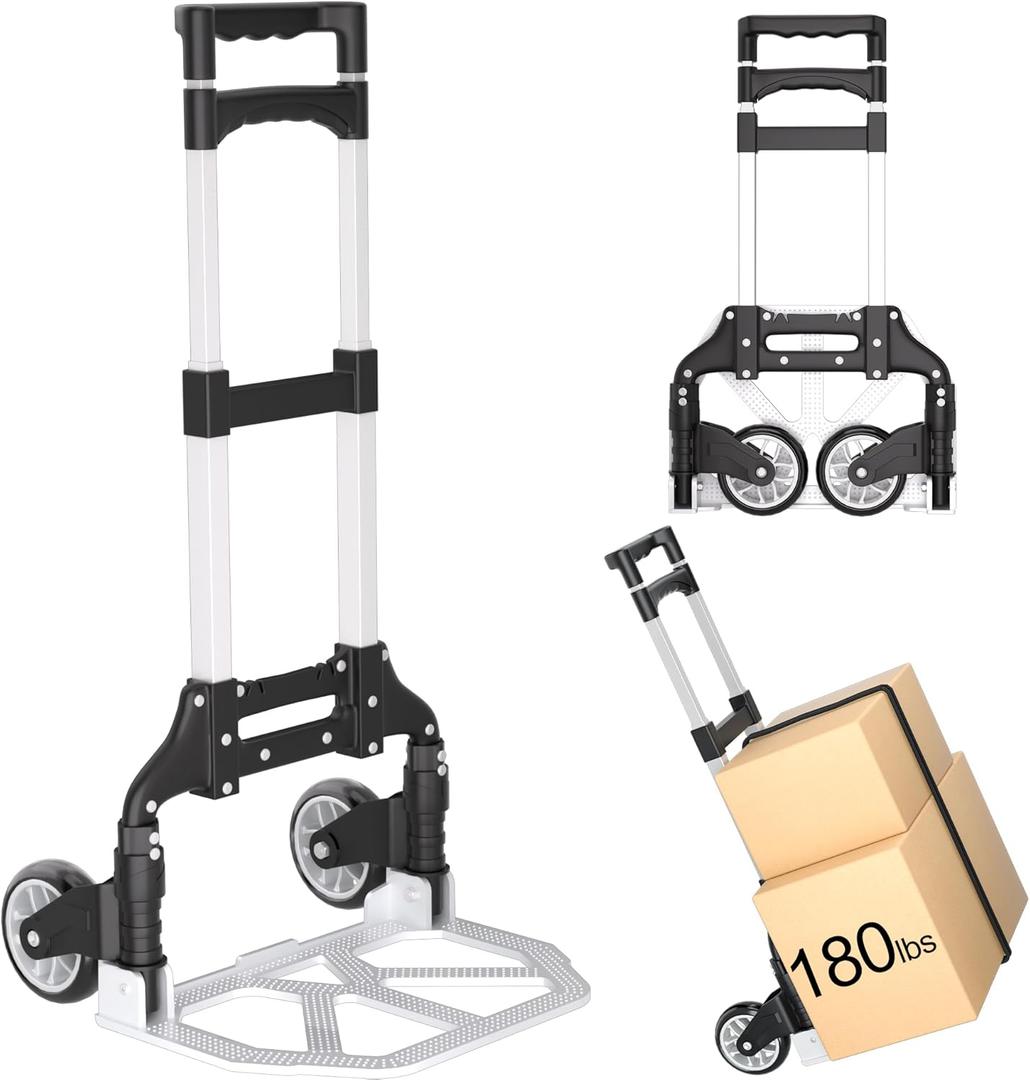 Folding Hand Truck - Aluminum Portable Dolly Cart with Telescopic Handle, Bungee Cord - Compact Lightweight Foldable Luggage Cart for Moving, Home, Auto, 180lbs, Black