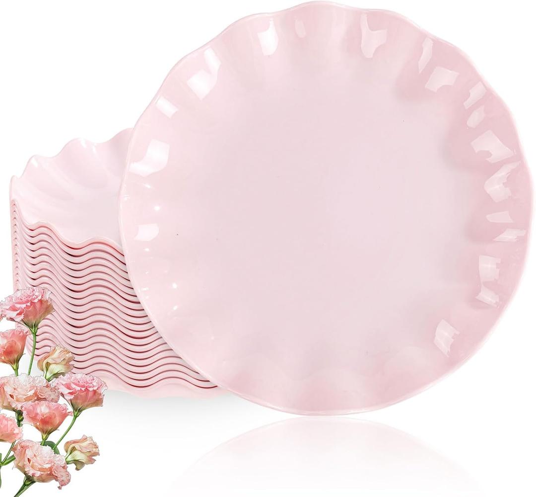 LIYH 20 Pcs 10 Inch Pink Scalloped Plastic Plates Reusable - Unbreakable Plastic Plates for Weddings Party Outdoor Picnics Dishwasher Safe BPA Free (20Guests) Easter Plate